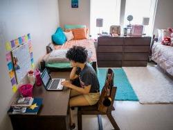 一个学生坐在她房间里的笔记本电脑前学习.